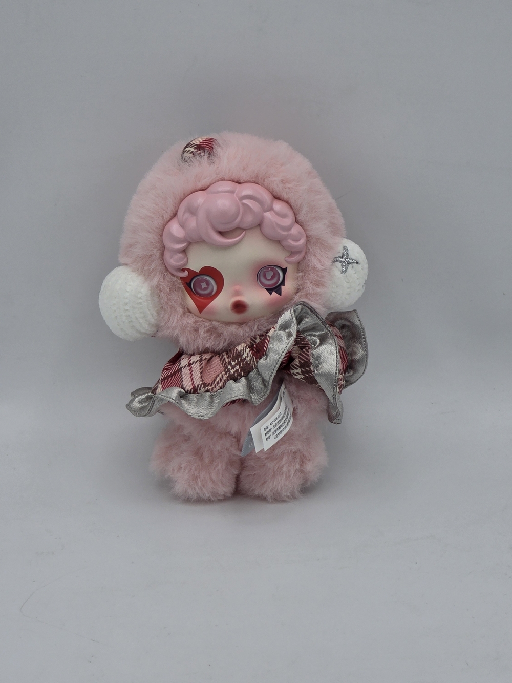 Pink Heart-Eyed Plush Doll with Plaid & Silver Scarf